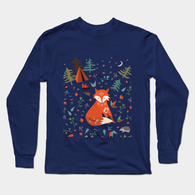 Camping Fox Long Sleeve T-Shirt by elenorDG